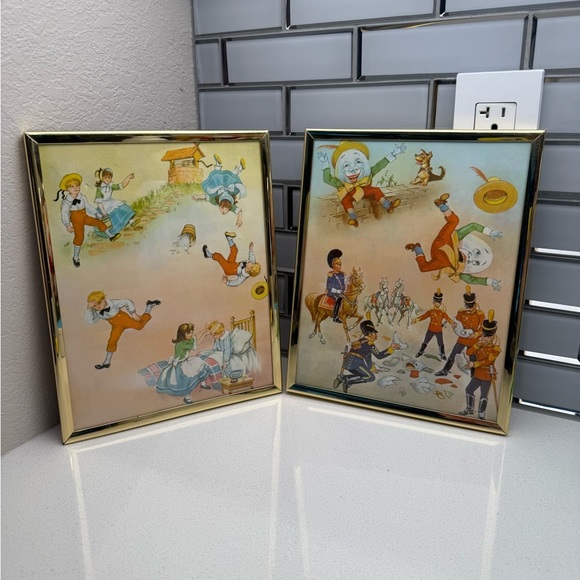 Vintage Nursery Rhyme Framed Decor Jack and Jill Humpty Dumpty Baby Retro Brass - Picture 2 of 14